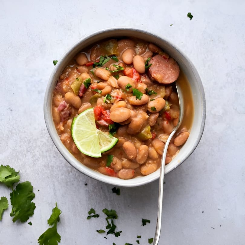 Hearty bowl of Space City Birria beans with sausage, peppers, cilantro, and a lime wedge.